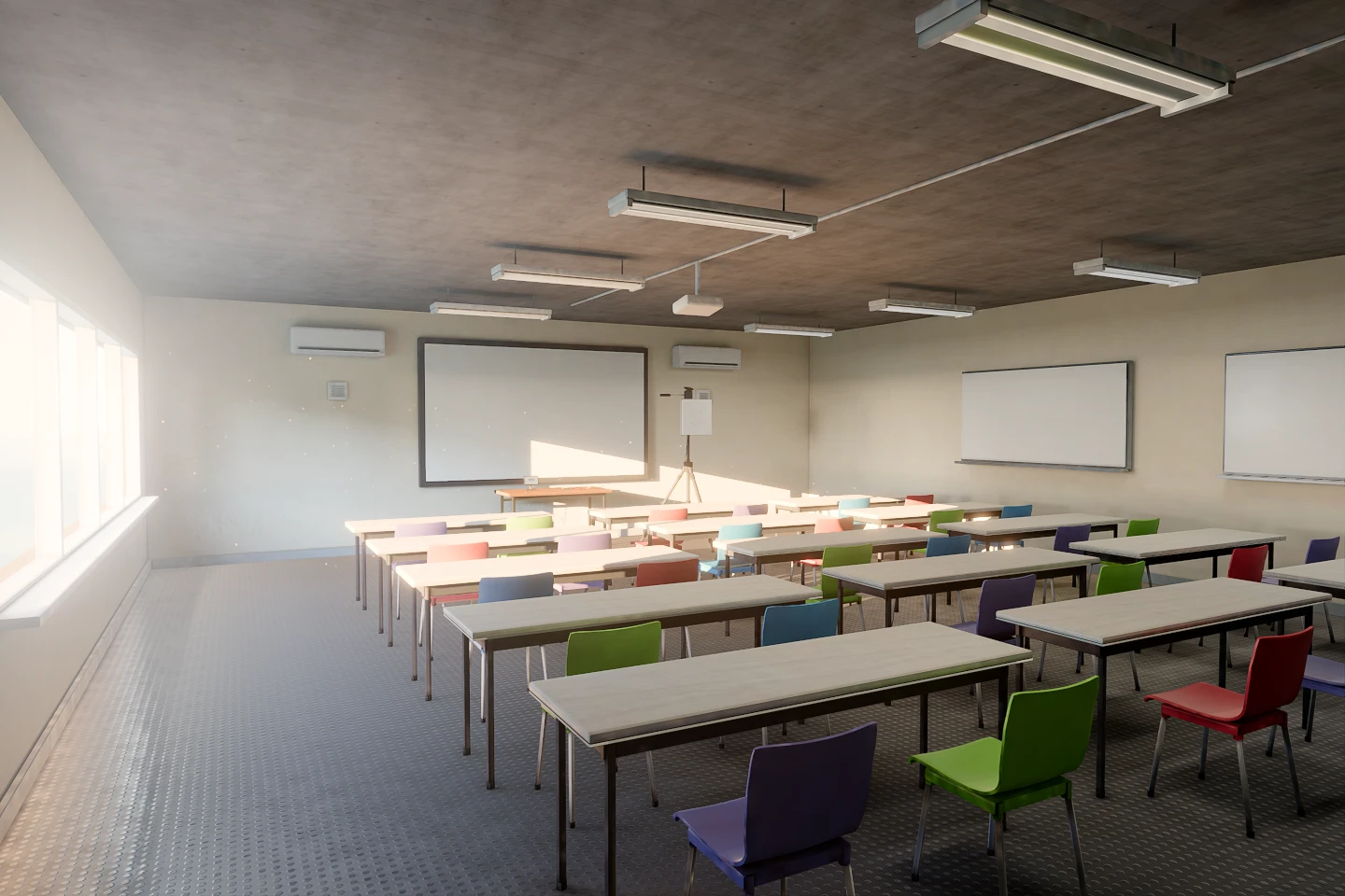 Interactive UHF RFID classroom reconstruction illuminated by golden-hour sunlight